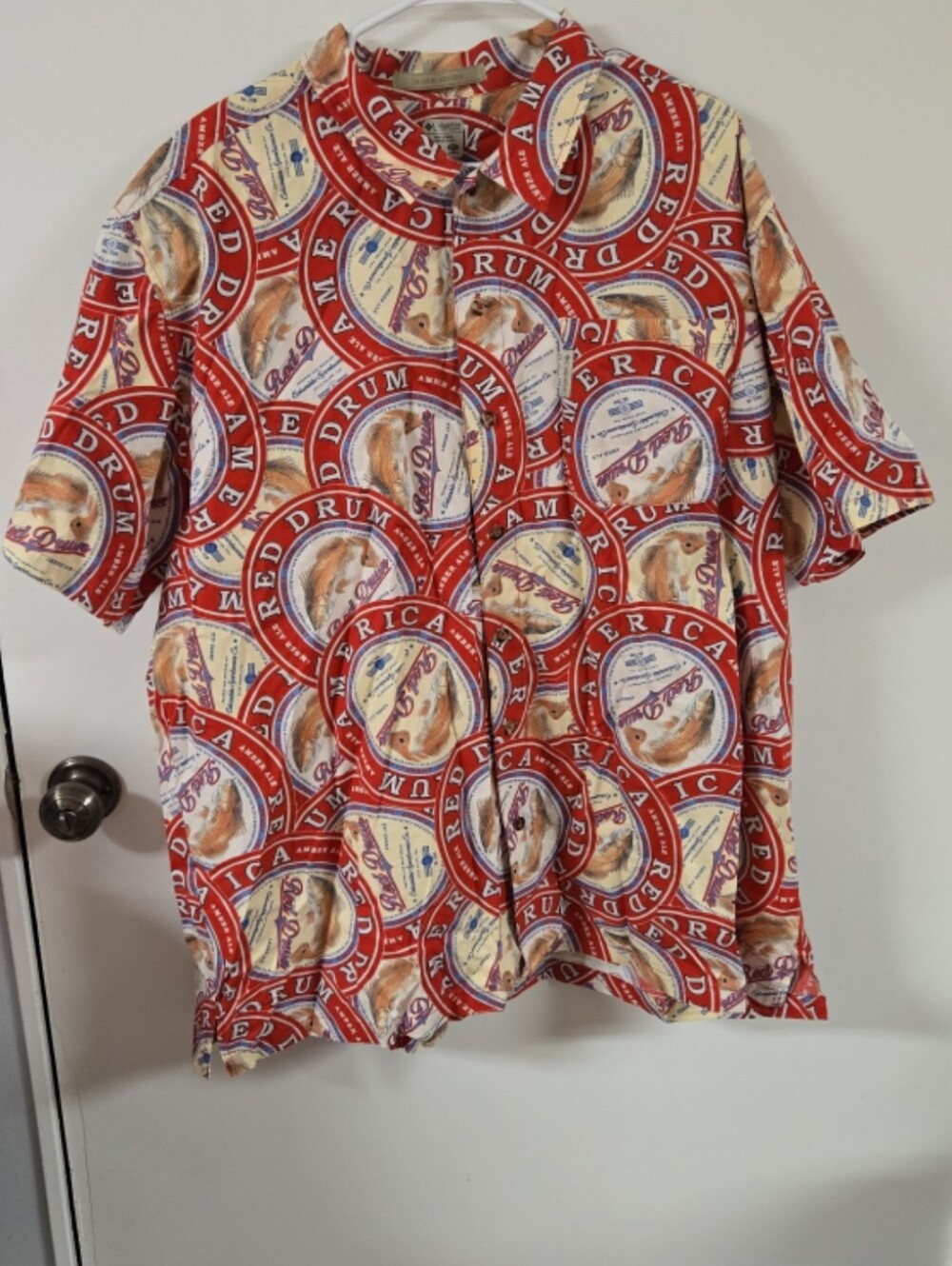 Columbia Red Drum Fishing Shirt Men XXL Red River Lodge All Over Print Logo Dad